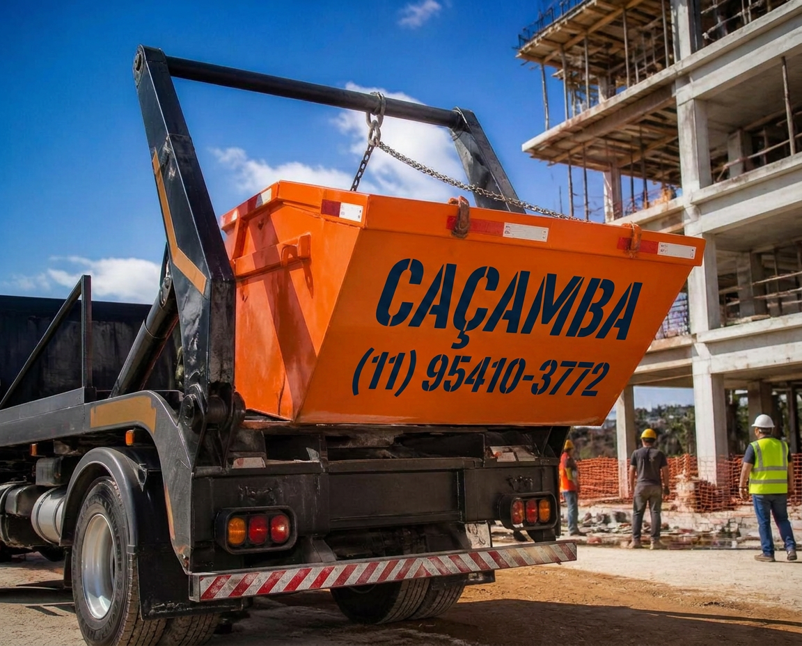 Caçamba laranja sendo entregue por caminhão em obra